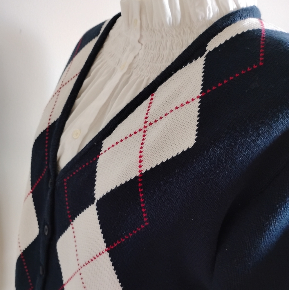 John Galt Cotton V-Neck Cardigan Sweater Navy Blue Red White Tennis Prep Sz Med - Picture 7 of 12